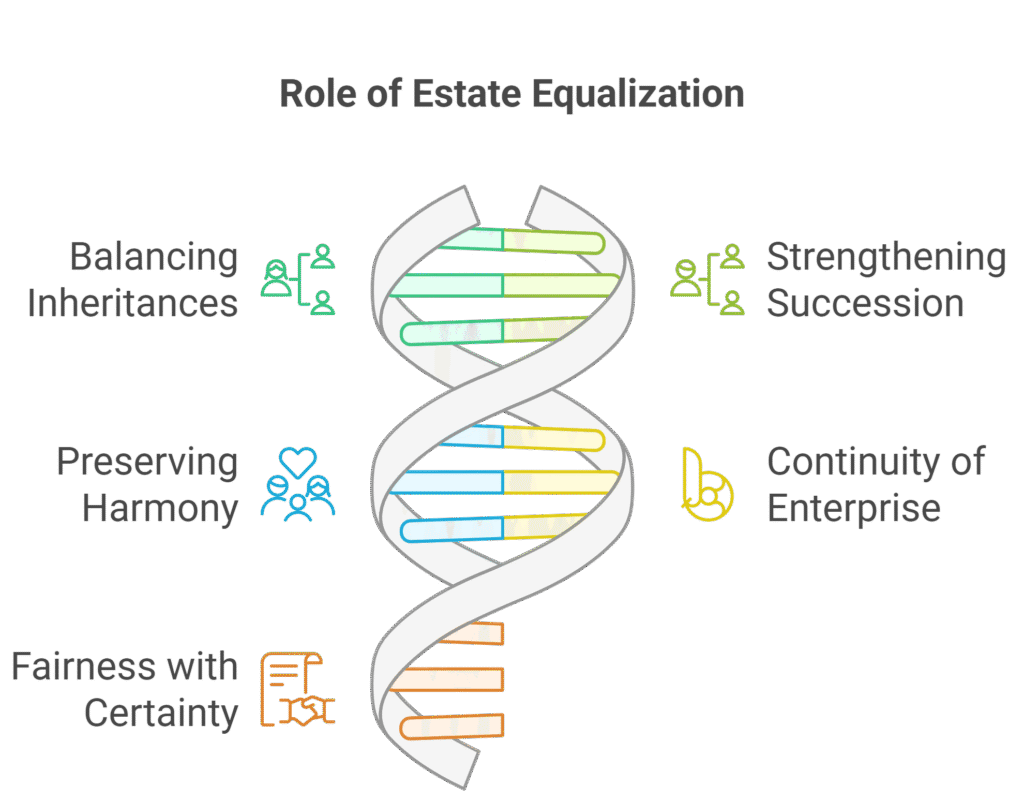 Estate planning infographic illustrating how life insurance supports equalization through fairness, harmony, and enterprise continuity