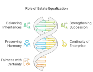Estate planning infographic illustrating how life insurance supports equalization through fairness, harmony, and enterprise continuity